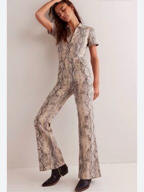 Free People never worn Snake-Print Short-Sleeve Jumpsuit in Beige